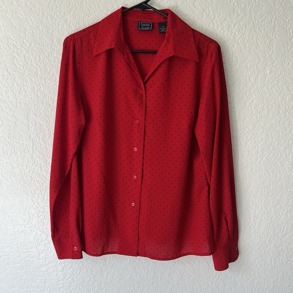 Vintage Laura Scott Button Up Blouse Size 12  Large Red Black Polka Dot